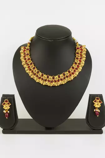 gold plated maroon stone necklace set