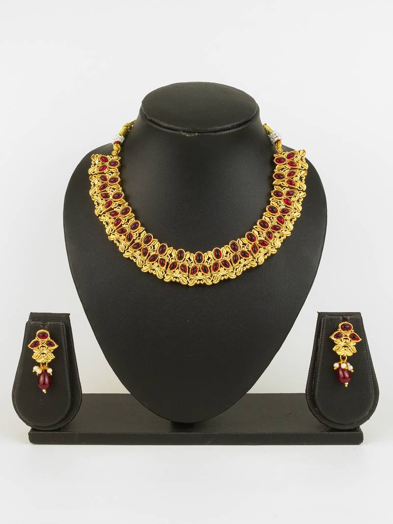 gold plated maroon stone necklace set