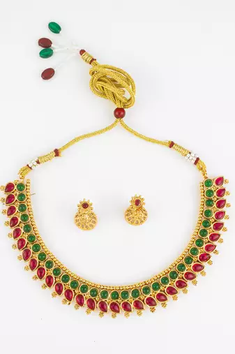 gold plated red green stone necklace set