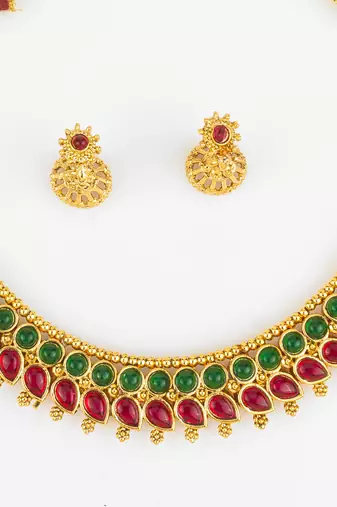gold plated red green stone necklace set