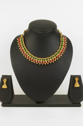 gold plated red green stone necklace set