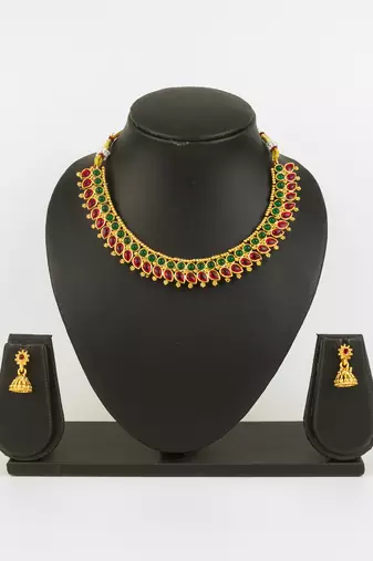 gold plated red green stone necklace set