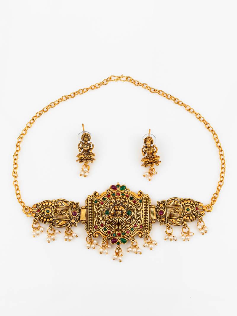 gold plated laxmi pearl necklace set