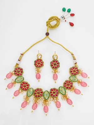 gold plated pink beaded necklace set 2