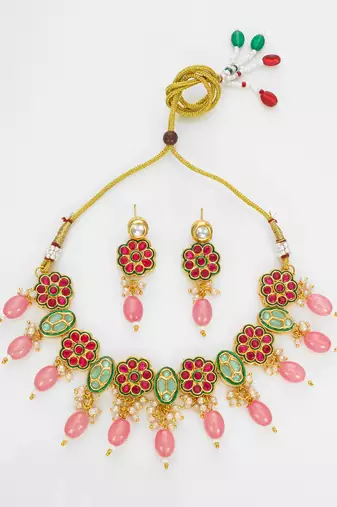gold plated pink beaded necklace set