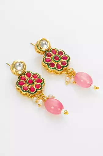 gold plated pink beaded necklace set
