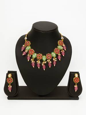 gold plated pink beaded necklace set 1