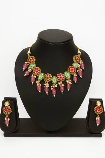 gold plated pink beaded necklace set