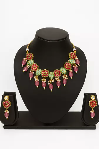 gold plated pink beaded necklace set