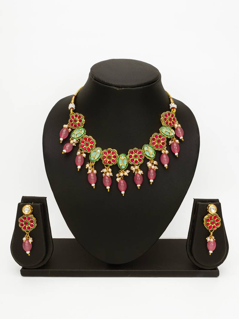gold plated pink beaded necklace set