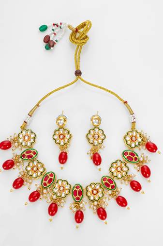 gold plated red beads necklace set