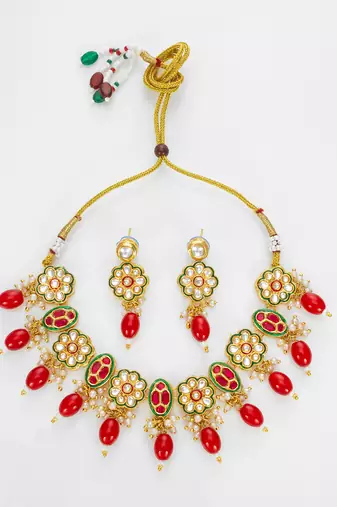 gold plated red beads necklace set