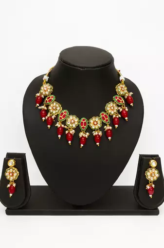 gold plated red beads necklace set