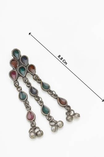 oxidized silver multicolour stone four-layer necklace set with ghungroo drop earrings