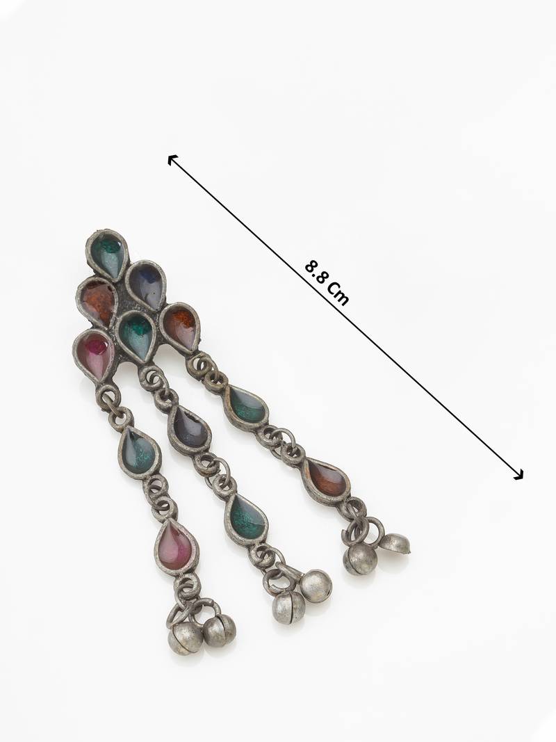 oxidized silver multicolour stone four-layer necklace set with ghungroo drop earrings