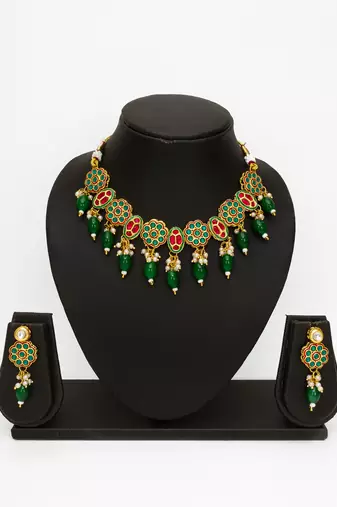 gold plated red white kundan set