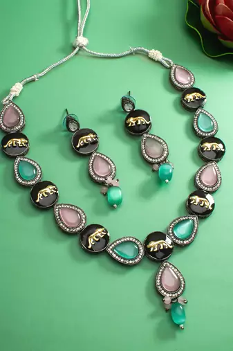 oxidized silver catseye necklace set with panels, stones and long drop earrings
