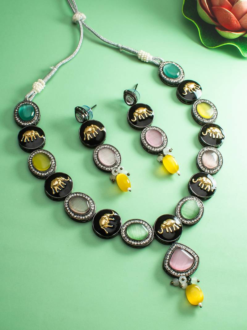 Oxidized Silver Catseye Bead Necklace Set with Elephant Earrings