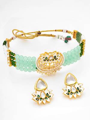 kundan meenakari choker necklace set with mint green beads, white enamel lotus earrings 1