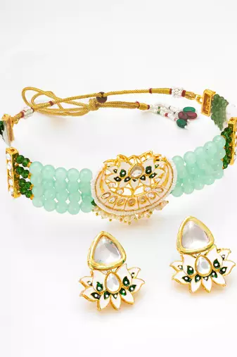 kundan meenakari choker necklace set with mint green beads, white enamel lotus earrings