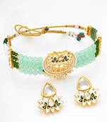 kundan meenakari choker necklace set with mint green beads, white enamel lotus earrings