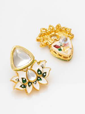 kundan meenakari choker necklace set with mint green beads, white enamel lotus earrings 3