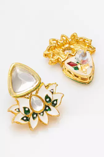 kundan meenakari choker necklace set with mint green beads, white enamel lotus earrings