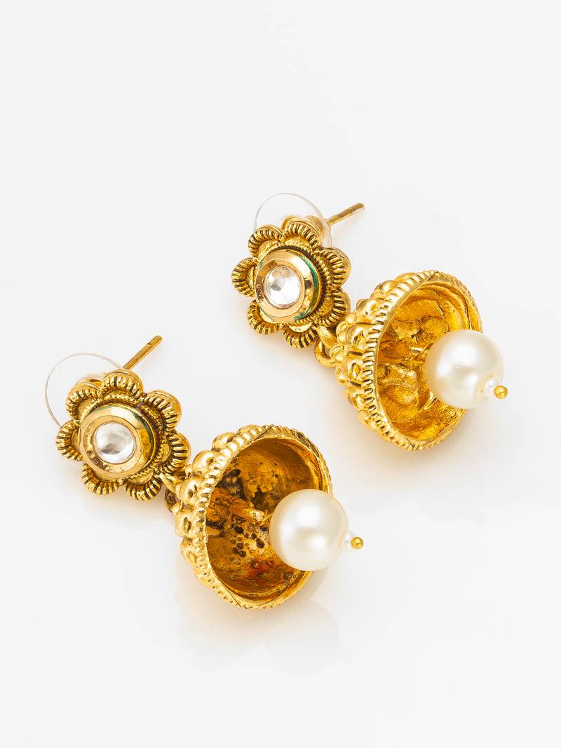 antique gold kundan pendant long necklace with seed pearls and jhumka earrings
