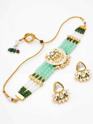 kundan meenakari choker necklace set with mint green beads, white enamel lotus earrings 4