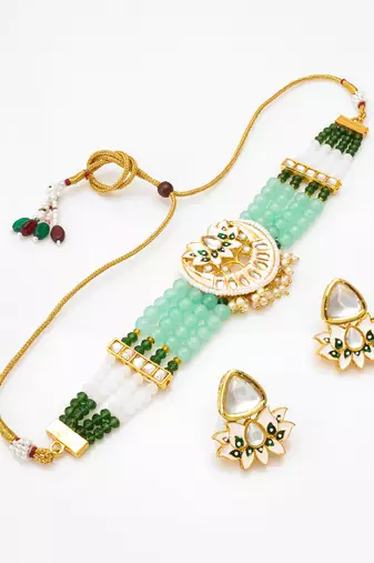 kundan meenakari choker necklace set with mint green beads, white enamel lotus earrings