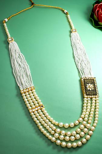 multi-strand pearl long necklace with meenakari black enamel kundan pendant