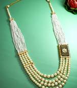 multi-strand pearl long necklace with meenakari black enamel kundan pendant