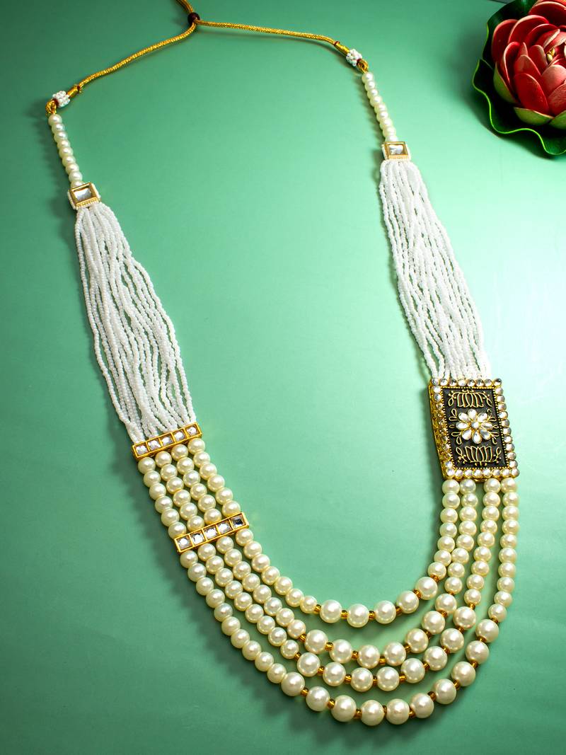 multi-strand pearl long necklace with meenakari black enamel kundan pendant