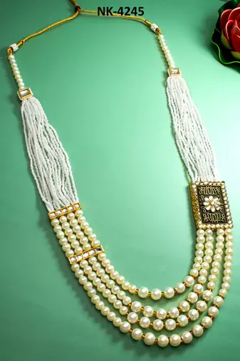 multi-strand pearl long necklace with meenakari black enamel kundan pendant