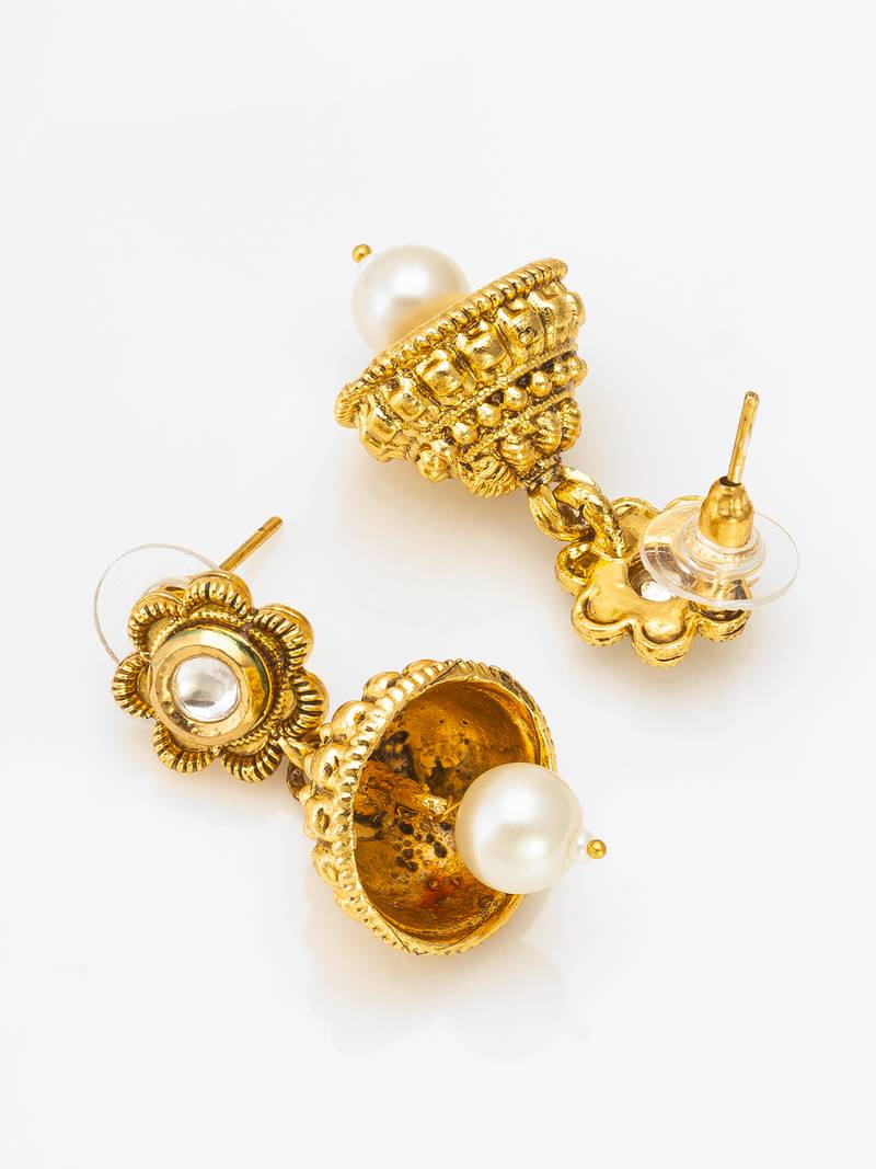 antique gold kundan pendant long necklace with seed pearls and jhumka earrings