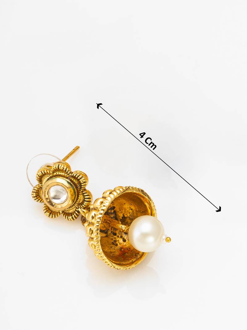 antique gold kundan pendant long necklace with seed pearls and jhumka earrings