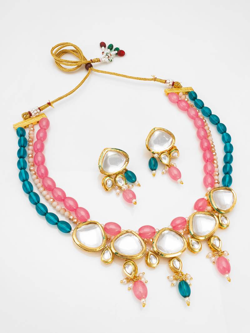 kundan choker necklace set with pink and teal bead strands, meenakari stud earrings