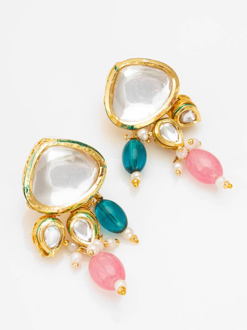 kundan choker necklace set with pink and teal bead strands, meenakari stud earrings