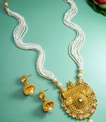 antique gold kundan pendant long necklace with seed pearls and jhumka earrings