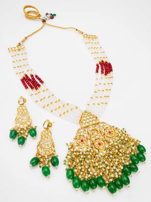 kundan bridal necklace set with pearl and crystal beads with chandbali earrings and drops 1