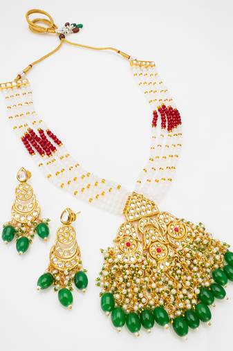kundan bridal necklace set with pearl and crystal beads with chandbali earrings and drops