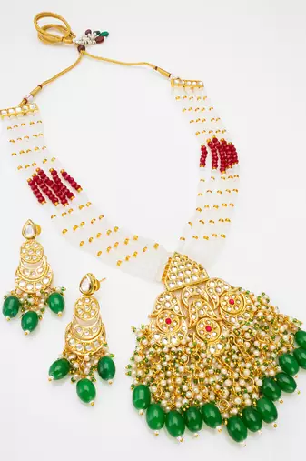 kundan bridal necklace set with pearl and crystal beads with chandbali earrings and drops