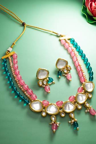 kundan choker necklace set with pink and teal bead strands, meenakari stud earrings