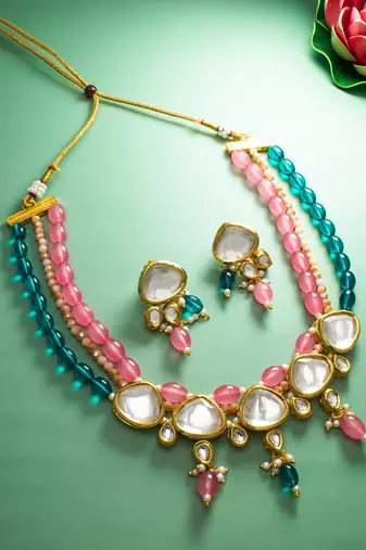 kundan choker necklace set with pink and teal bead strands, meenakari stud earrings