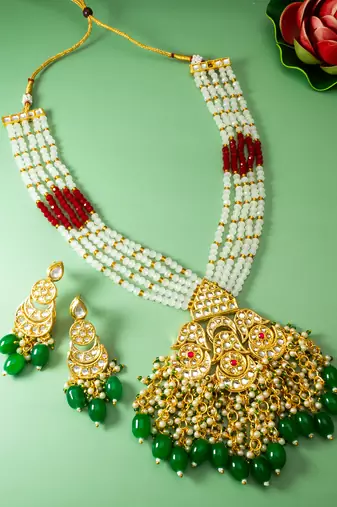 kundan bridal necklace set with pearl and crystal beads with chandbali earrings and drops