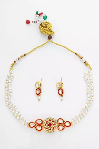 gold plated red white pearl necklace set