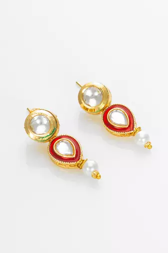 gold plated red white pearl necklace set