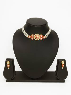 gold plated red white pearl necklace set 5