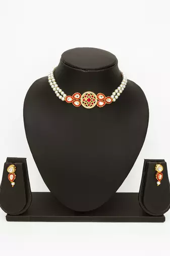 gold plated red white pearl necklace set