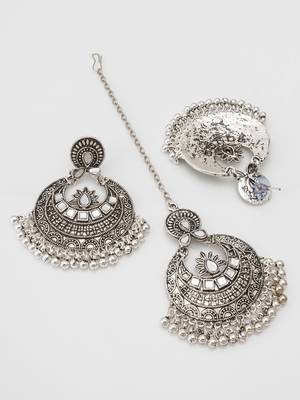 oxidized silver lotus mirror chandbali pendant necklace set with earrings and maang tikka 4